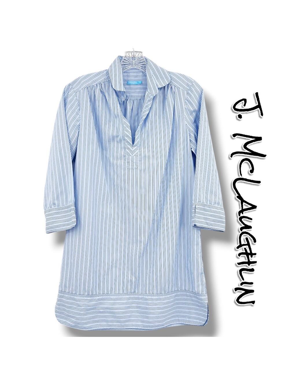 J McLaughlin Blue Stripe Popover Tunic Blouse XS Cotton Stretch Preppy Coastal